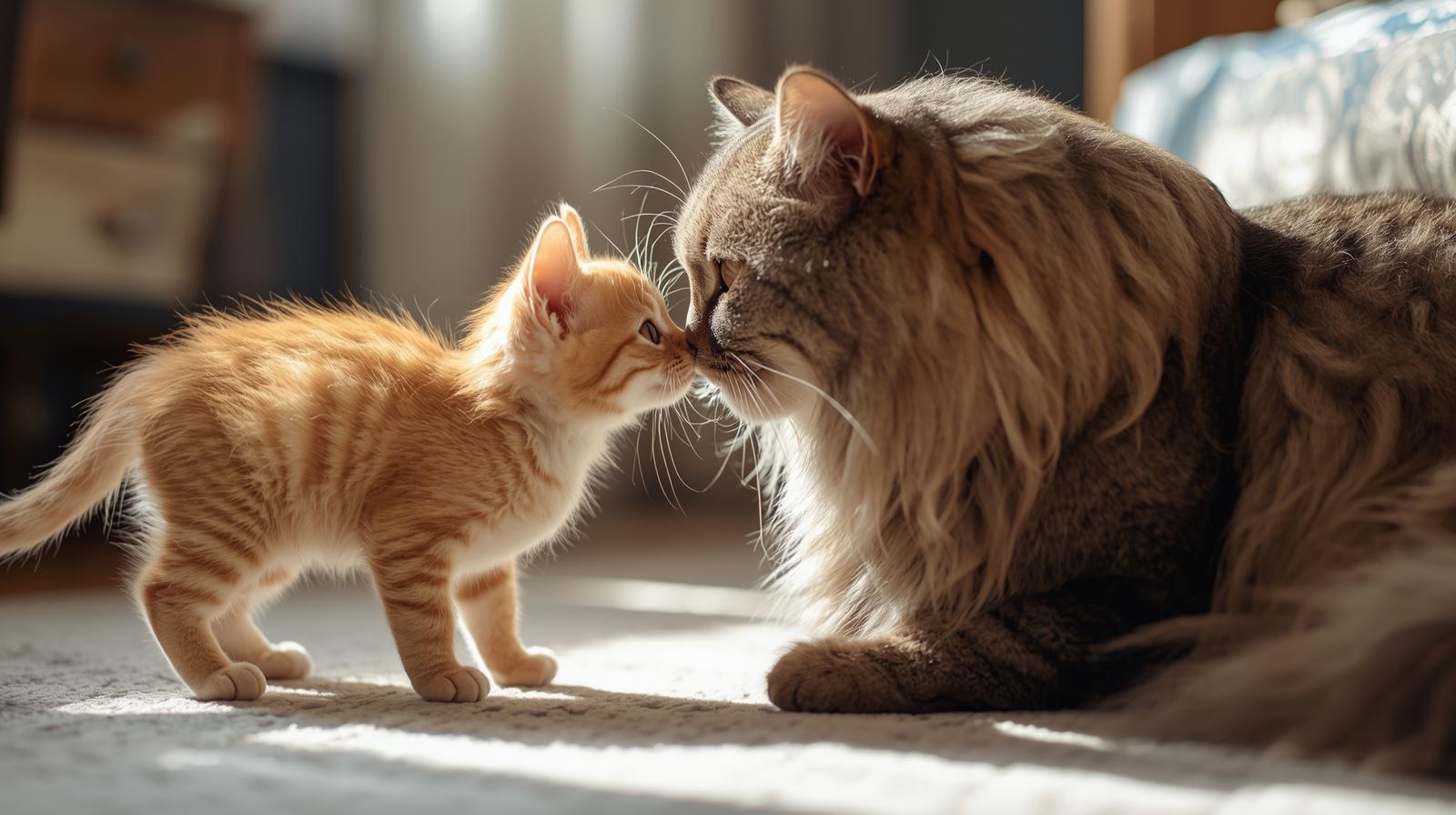 A small kitten and older cat sniff noses in this blog post that explores the question, Does my cat need a friend?