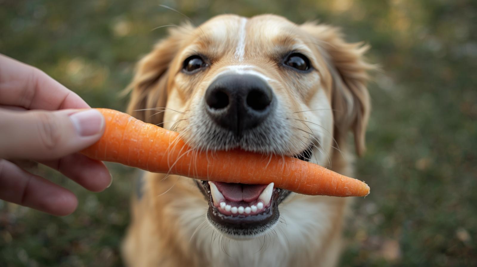 A dog snacks on a carrot in this blog post about Human foods Your Cat or Dog Should Never Eat.