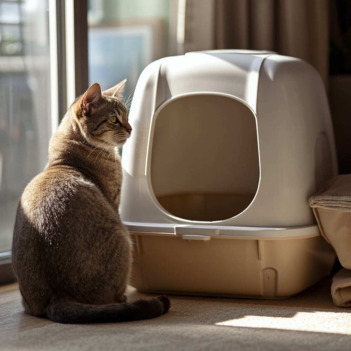 A cat sits next to its litter box.  The box has been filled with health monitoring cat litter.