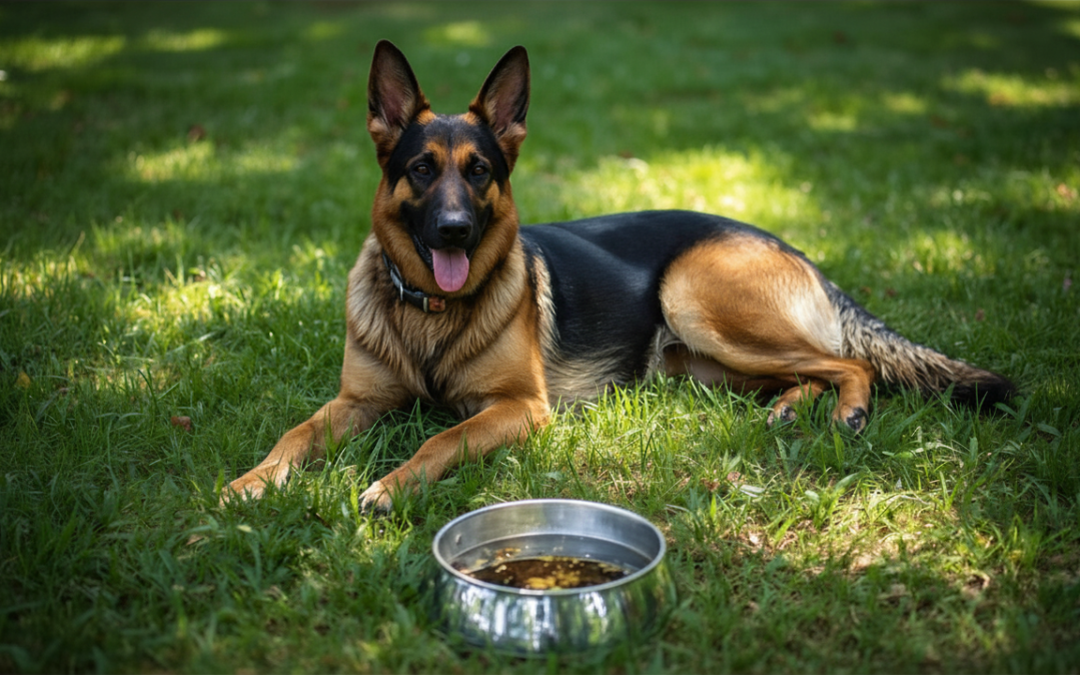 Dog sits in the shade of a tree with a bowl of fresh water on a hot summer day in this blog post on Top Summer Pet Safety Tips for 2026.