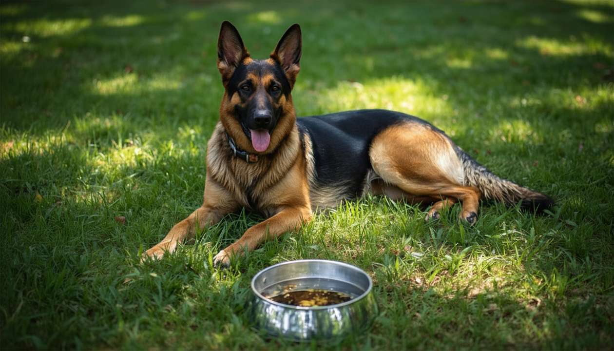 Dog sits in the shade of a tree with a bowl of fresh water on a hot summer day in this blog post on Top Summer Pet Safety Tips of 2026.