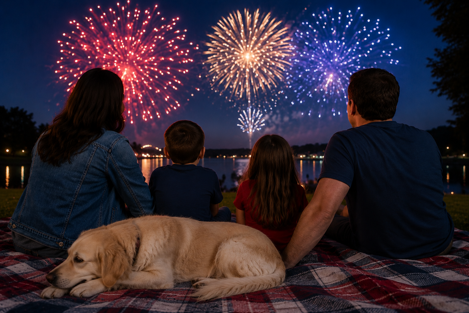 A family sits on a blanket watches Fourth of July Fireworks under the night sky while watching fireworks in this blog post on managing your dog's anxiety.