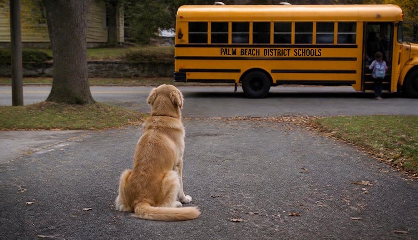 A dog sits at the end of the driveway , watching a child get on the schoolbus in the blog post, Why is My Dog Acting Different Since the Kids Went Back to School?