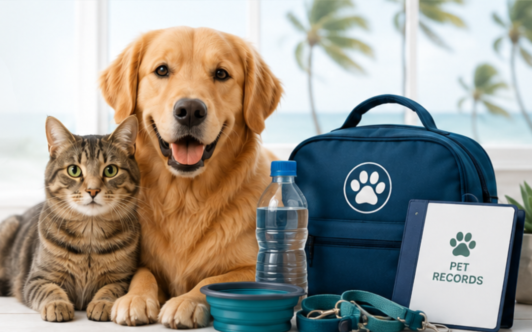 This blog post on Pet Hurricane Preparedness features a dog and cat sit next to a "go bag" that is packed with everything they need in the event of an emergency.