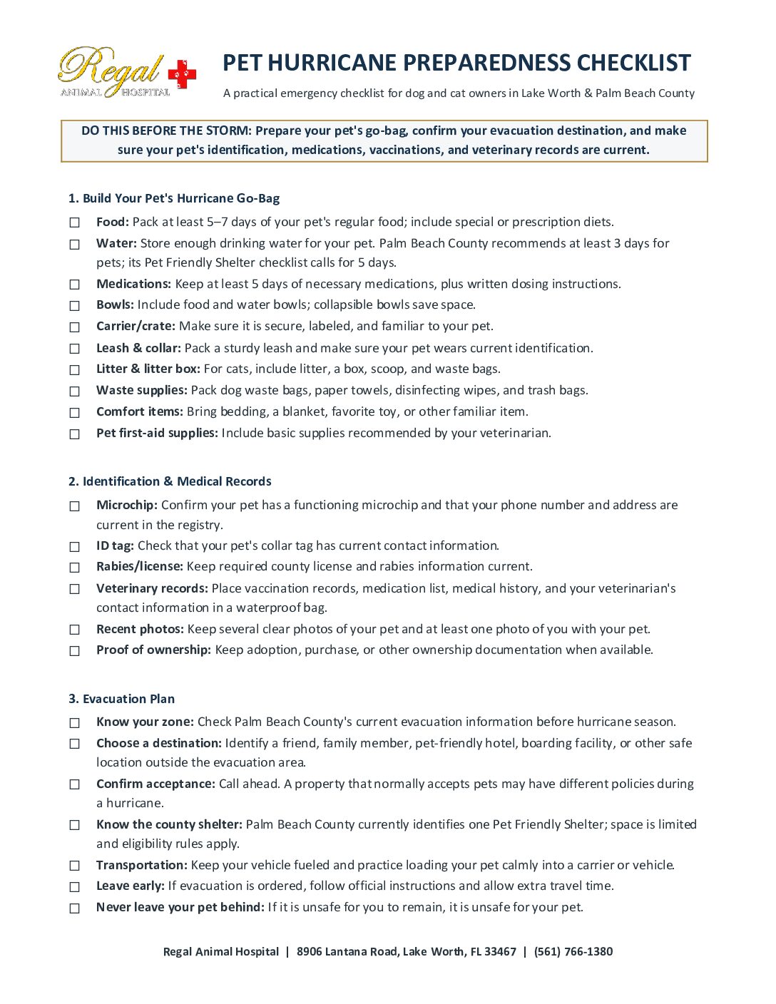 This blog post on Pet Hurricane Preparedness features a dog and cat sit next to a "go bag" that is packed with everything they need in the event of an emergency.